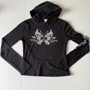 Rue 21 Y2K Black Ribbed Butterfly Rhinestone‎ Hooded Long Sleeve Shirt Size M